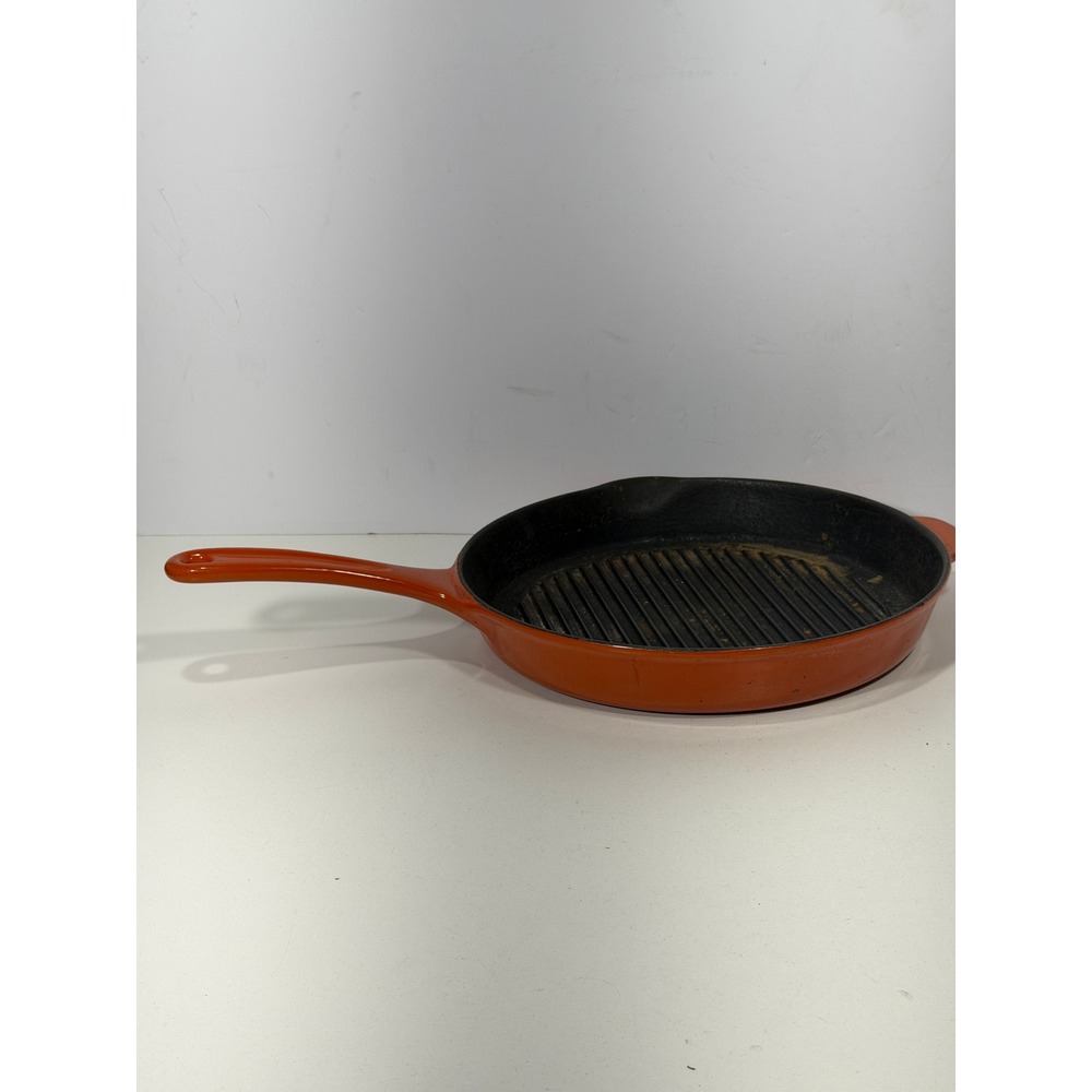 Orange Enameled Cast Iron Round Grill Pan Skillet with Ribbed Surface 10 inch